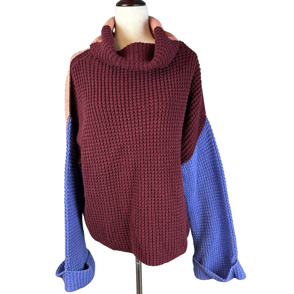 Free People Colorblock Park City Pullover Sweater Size M Waffle Knit Cowl Neck‎